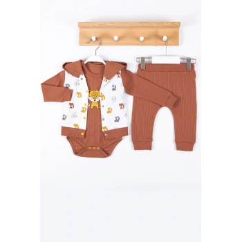 Littie Nakışlı % 100 Pamuk Hırkalı 3lü Erkek Takım