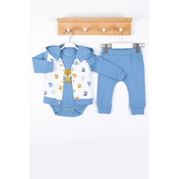 Littie Nakışlı % 100 Pamuk Hırkalı 3lü Erkek Takım