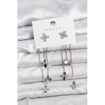 Lotus Model Gümüş Renk Pirinç Sallantılı Kadın Küpe - TJ-BKP11460