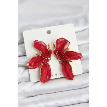 Lotus Model Kırmızı Renk Tüllü Kadın Küpe - TJ-BKP11635