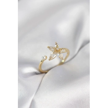 Lotus Model Zirkon Taşlı Gold Renk Kadın Yüzük - TJ-BYK4095