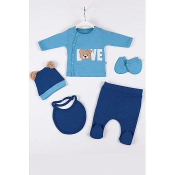 Love Bear Nakışlı 5li % 100 Pamuk Erkek Bebek Hastane Çıkış Seti