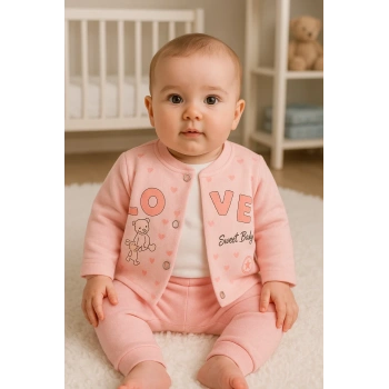 Love Tavşan Desenli Kol Detaylı 3lü Hırkalı Kız Bebek Takım