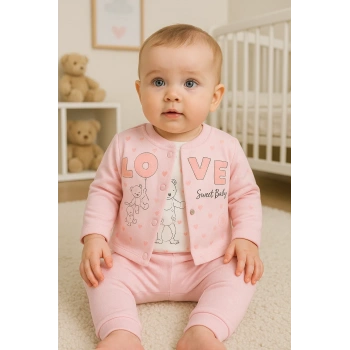 Love Tavşan Desenli Kol Detaylı 3lü Hırkalı Kız Bebek Takım