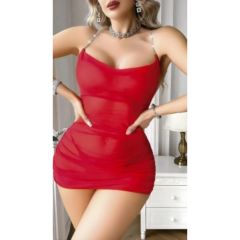 Luna Lora Kırmızı Sırt Zincir Detaylı Tül Gecelik Fantezi Şık Kadın Gecelik