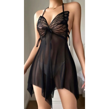 Luna Lora Siyah Butterfly Lace Kelebek İşlemeli Tül Fantezi Gecelik