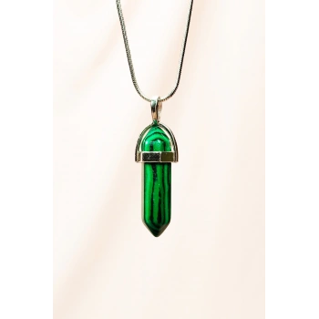 Malahit Doğal Taşı Zincirli El Yapımı Tasarımlı Kolye Uç: 3,5 cm Zincir: 20 cm Kutulu