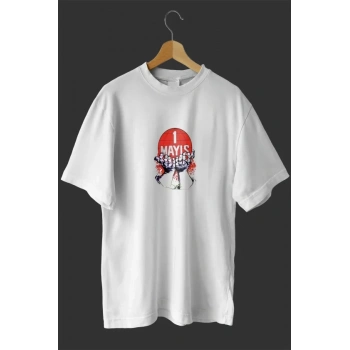 MARSiLYAN- 1 Mayıs Emek Ve Dayanışma Günü Baskılı Oversize Bisiklet Yaka T-shirt - Beyaz