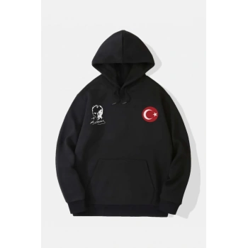 MARSiLYAN- 10 Kasıma Özel Üç İplik Kapşonlu Baskılı SweatShirt - Siyah