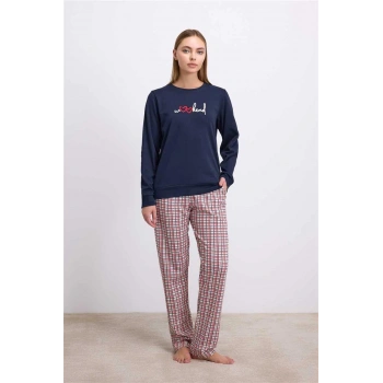 MARSiLYAN-  %100 Pamuklu Uzun Kol Sweatshirt ve Ekose Pantolon Pijama Takımı