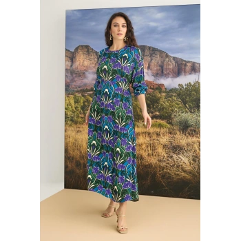 MARSiLYAN-  %100 Viskon Çiçek Desenli Truvakar Kollu Saten Elbise