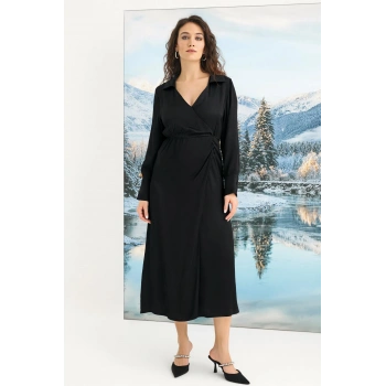 MARSiLYAN- %100 Viskon Uzun Kollu Saten Elbise