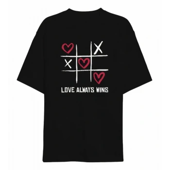 MARSiLYAN- 14 Şubat Sevgililer Günü Love Always Wins Baskılı Oversize Bisiklet Yaka T-shirt - Siyah