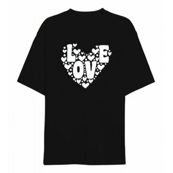 MARSiLYAN- 14 Şubat Sevgililer Günü Love Kalp Baskılı Oversize Bisiklet Yaka T-shirt - Siyah