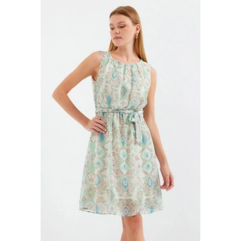 MARSiLYAN- 2501 Desenli Sıfır Kol Şifon Elbise - Mint