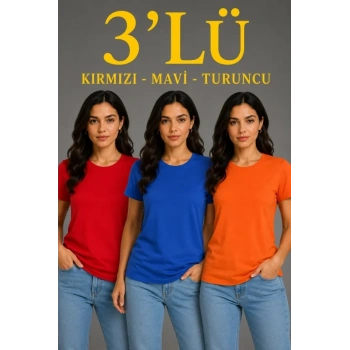 MARSiLYAN- 3’lü Kısa Kollu Bisiklet Yaka Basic Slim Fit T-Shirt - Kırmızı - Mavi - Turuncu