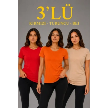 MARSiLYAN- 3’lü Kısa Kollu Bisiklet Yaka Basic Slim Fit T-Shirt - Kırmızı - Turuncu - Bej