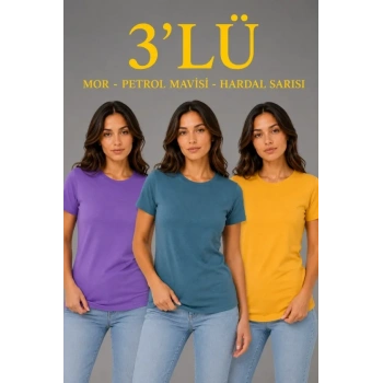 MARSiLYAN- 3’lü Kısa Kollu Bisiklet Yaka Basic Slim Fit T-Shirt - Mor - Petrol Mavisi - Hardal
