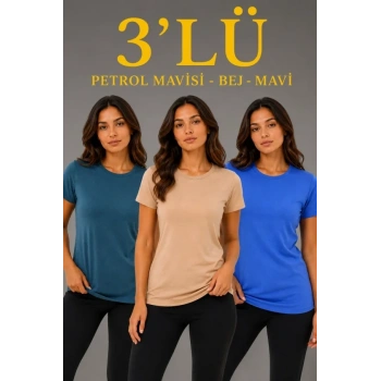 MARSiLYAN- 3’lü Kısa Kollu Bisiklet Yaka Basic Slim Fit T-Shirt -Petrol Mavisi  - Bej - Mavi