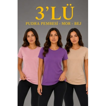 MARSiLYAN- 3’lü Kısa Kollu Bisiklet Yaka Basic Slim Fit T-Shirt - Pudra Pembe - Mor - Bej