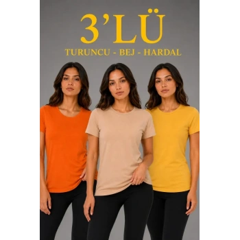 MARSiLYAN- 3’lü Kısa Kollu Bisiklet Yaka Basic Slim Fit T-Shirt - Turuncu - Bej - Hardal