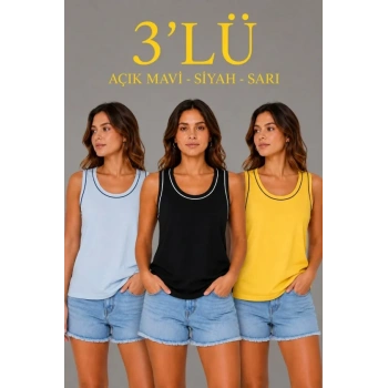 MARSiLYAN- 3’lü Kolsuz Sporcu Atlet Seti Yazlık Bisiklet Yakalı - Sarı, Siyah, Bebe Mavisi