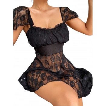 MARSiLYAN-  Alt Kısmı Tül Üst Kısmı Jarse Mini Fantazi Siyah Gecelik