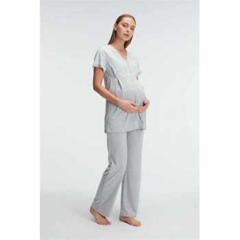 MARSiLYAN- Anıl 11308 Kısa Kol V Yaka Kadın Polyester Elastan  Yazlık Örme Dantel Detaylı Hamile Pijama Takımı