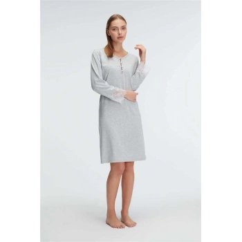 MARSiLYAN- Anıl 11312 Kol V Yaka Kadın Polyester Elastan DÜZ Yazlık Örme Normal Bel Mini Dantel Detaylı Gecelik