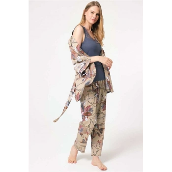 MARSiLYAN- Anıl 5786 İp Askılı V Yaka Viskon Çiçek Desenli Kışlık Örme Normal Bel Bağlamalı Dantel Detaylı Pijama Takımı