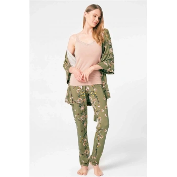 MARSiLYAN- Anıl 5792 İp Askılı V Yaka Viskon Çiçek Desenli Kışlık Örme Normal Bel Bağlamalı Dantel Detaylı Pijama Takımı Sabahlık