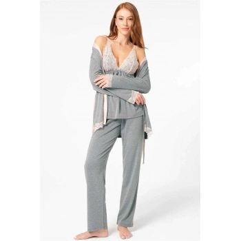 MARSiLYAN- Anıl 5803 Kalın Askılı V Yaka Viskon düz Kışlık Örme Normal Bel Dantel Detaylı Pijama Takımı Sabahlık