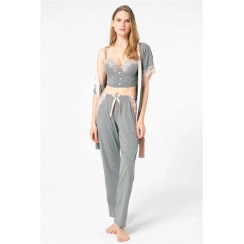 MARSiLYAN- Anıl 5804 uzun kol V Yaka Viskon düz Kışlık Örme Normal Bel Bağlamalı Dantel Detaylı Pijama Takımı Sabahlık