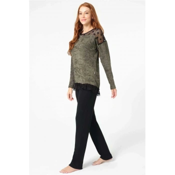 MARSiLYAN- Anıl 9084 Uzun Kol Bisiklet Yaka Polyester Elastan düz Kışlık Örme Normal Bel Transparan Tül Detaylı Pijama Takımı