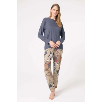 MARSiLYAN- Anıl 9836 Uzun Kol Bisiklet Yaka Viskon Çiçek Desenli Kışlık Örme Normal Bel Dantel Detaylı Pijama Takımı