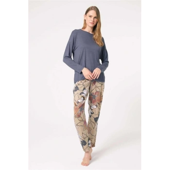 MARSiLYAN- Anıl 9836 Uzun Kol Bisiklet Yaka Viskon Çiçek Desenli Kışlık Örme Normal Bel Dantel Detaylı Pijama Takımı