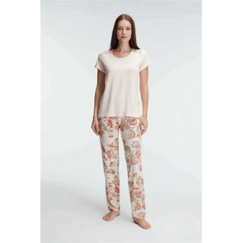 MARSiLYAN- Anıl 9878 Kısa Kol Bisiklet Yaka Kadın Viskon Çiçek Desenli Yazlık Örme Dantel Detaylı Pijama Takımı
