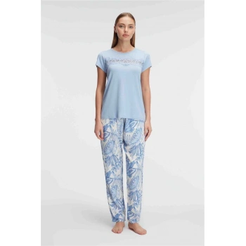 MARSiLYAN- Anıl 9885 Kısa Kol Bisiklet Yaka Kadın Viskon Çiçek Desenli Yazlık ÖRME Dantel Detaylı Pijama Takımı