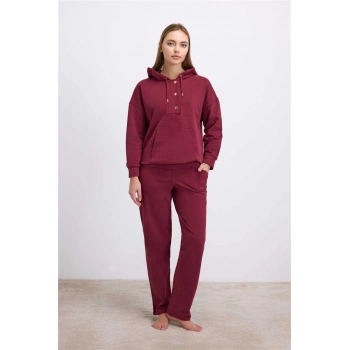 MARSiLYAN- Anıl Kadın Bordo Kapüşonlu Sweatshirt ve Pantolon Takımı (11604)