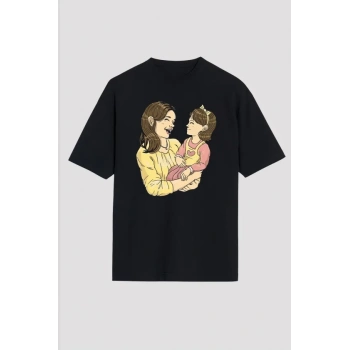 MARSiLYAN- Anneler Günü Hediye Anne Kız Temalı Baskılı Oversize Bisiklet Yaka T-shirt - Siyah