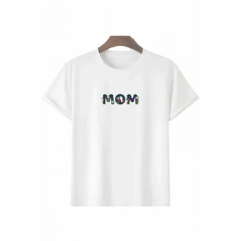 MARSiLYAN- Anneler Günü Hediye Mom Çiçek Baskılı Oversize Bisiklet Yaka T-shirt - Beyaz