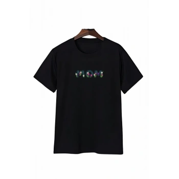 MARSiLYAN- Anneler Günü Mom Çiçek Temalı Baskılı Oversize Bisiklet Yaka T-shirt - Siyah
