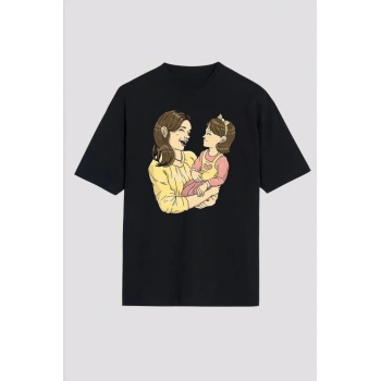 MARSiLYAN- Anneler Gününe Özel Tasarım Anne Kız Baskılı T-shirt - Siyah