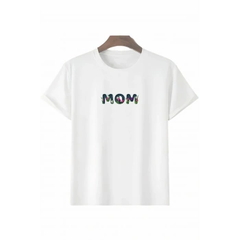MARSiLYAN- Anneler Gününe Özel Tasarım Mom Çiçek Baskılı T-shirt - Beyaz