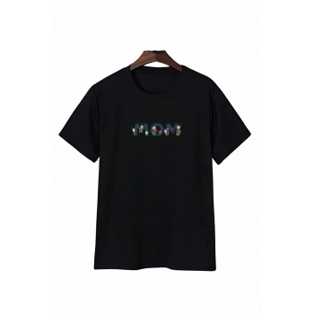MARSiLYAN- Anneler Gününe Özel Tasarım Mom Çiçek Baskılı T-shirt - Siyah