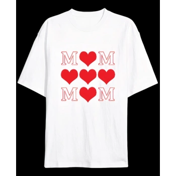 MARSiLYAN- Anneler Gününe Özel Tasarım MOM Kalp Baskılı T-shirt - Beyaz