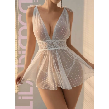 MARSiLYAN- Arias Closet Beyaz Dantel İşlemeli Puantiyeli Tül Fantezi Gecelik