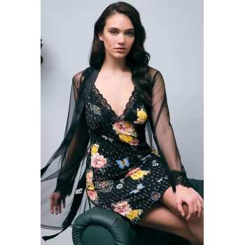 MARSiLYAN- Arias Closet Tül Sabahlık ve Viskon Çiçek Baskılı Dantelli Kısa Gecelik Takım