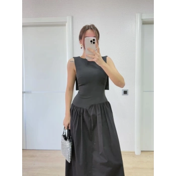 MARSiLYAN- Arkası Kanatlı Uzun Elbise- Siyah