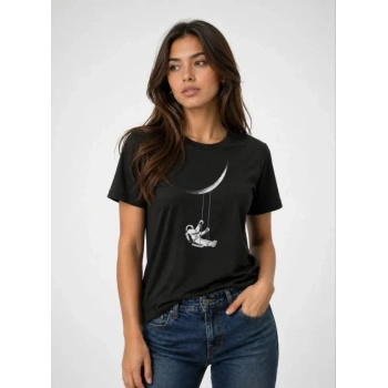 MARSiLYAN- Astronot Ay Temalı Tişört Kısa Kol Yazlık Bisiklet Yaka T-Shirt - Siyah
